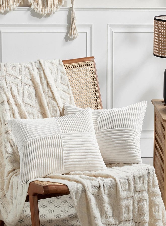 Fancy Homi 2 Packs Cream White Lumbar Decorative Throw Pillow Covers 14x24 Inch for Couch Bed Sofa, Rustic Farmhouse Boho Home Decor, Soft Striped Corduroy Rectangle Accent Cushion Case 35x60 cm - Image 1